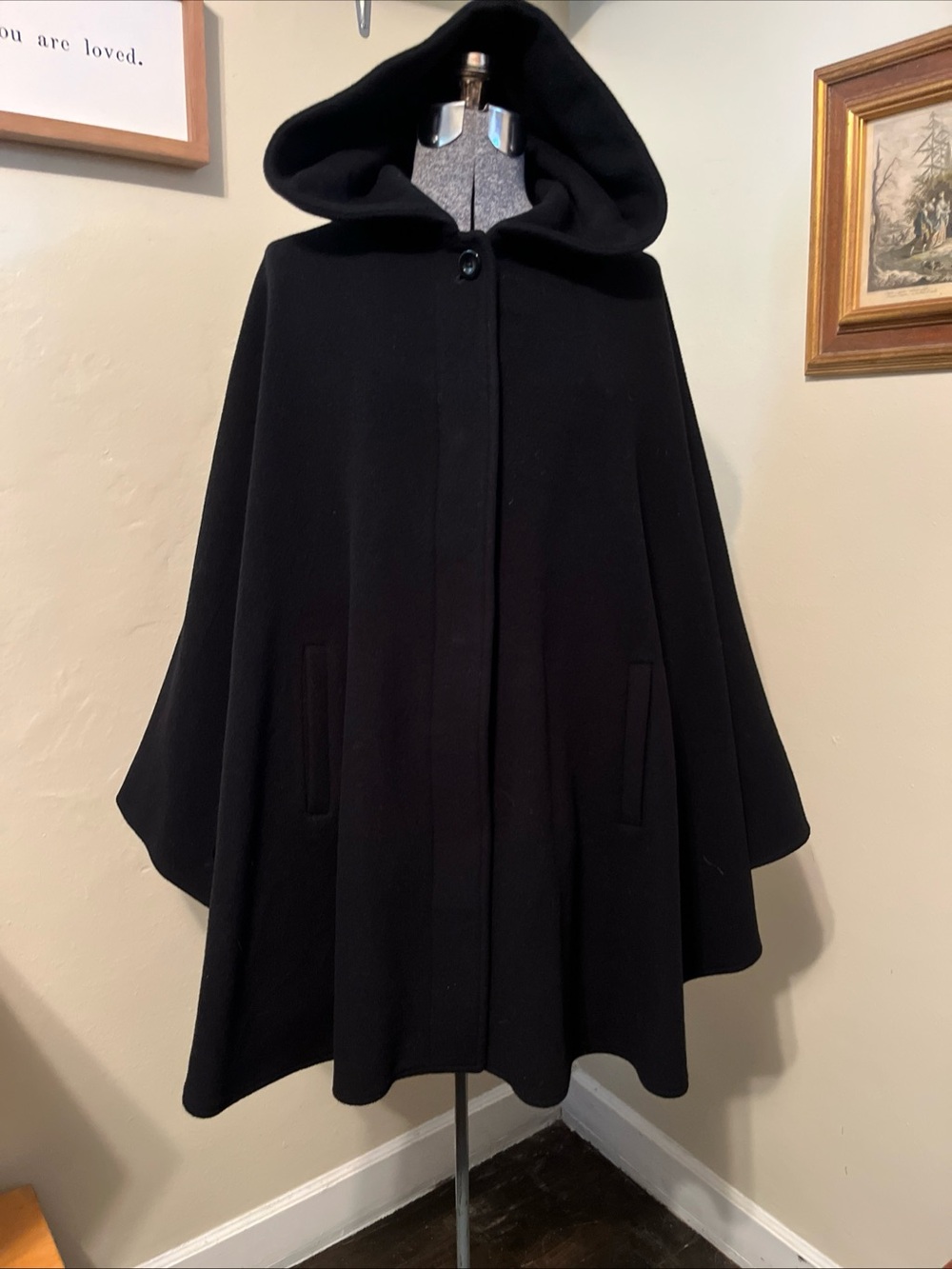Vtg Black Wool Cape Coat, XS, Pockets & Hood